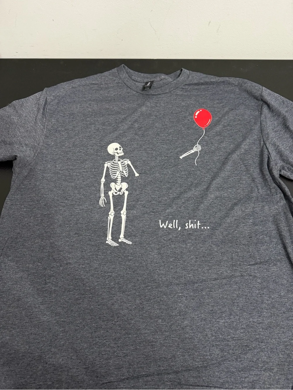 Gildan Heather Navy Graphic Skeleton Tee with Red Balloon